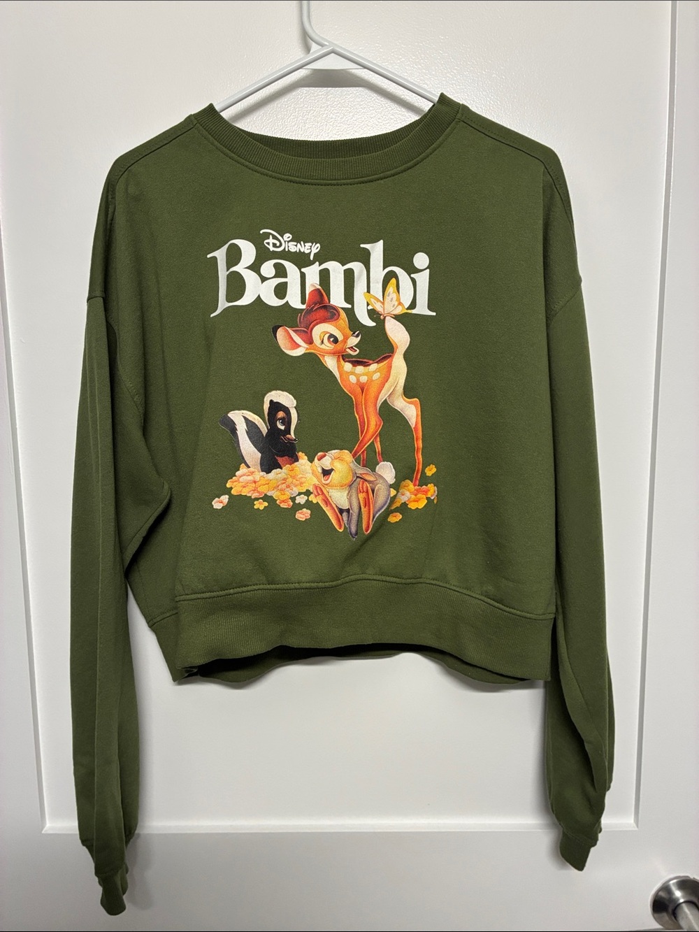 Disney Bambi Thumper Flower Cropped Crewneck Sweatshirt Olive Green